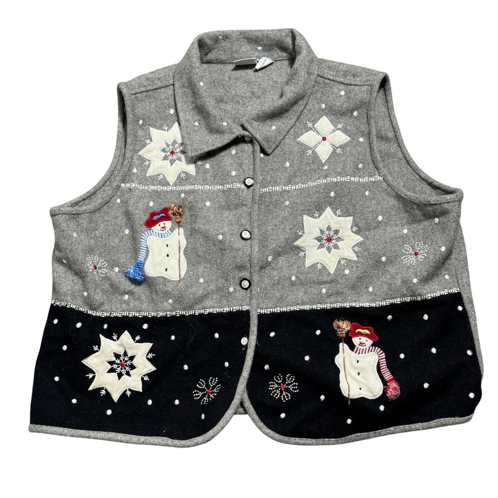 CAROLINA COLOURS Women's 22/24 Vintage Wool Gray Snowman Snowflake Button Vest